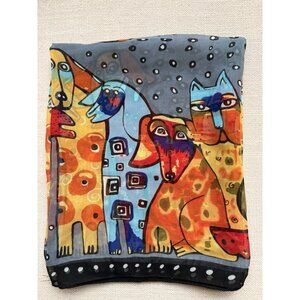 Laurel Burch Silk Scarf Cats Dogs Bright Colors Cat Dog Lover 62x19”
